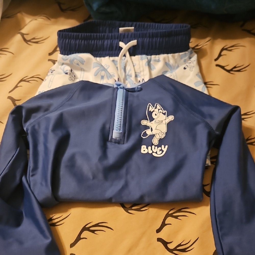 Bluey  Kids Swim Shorts - Blue and White Pattern